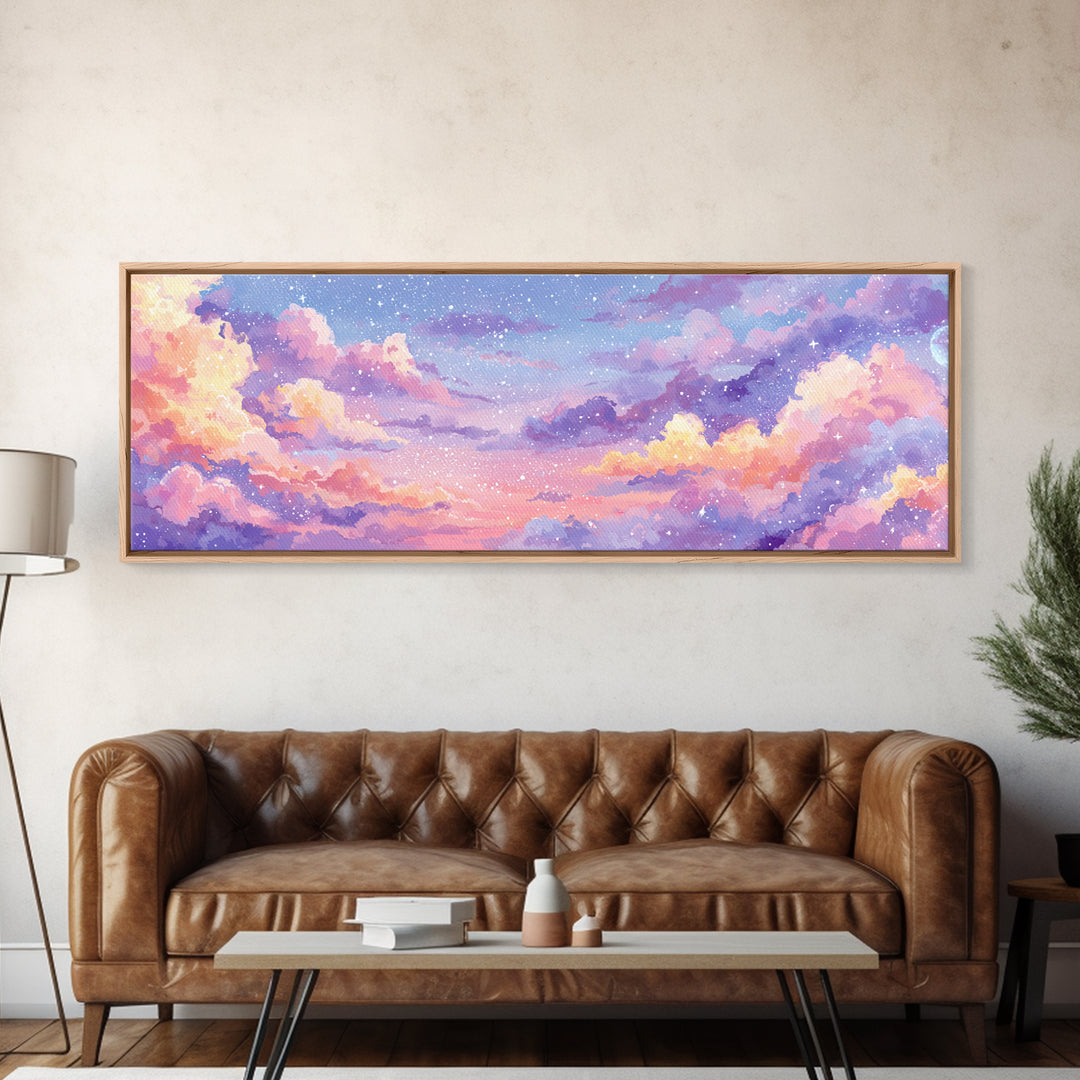 Pastel Starry Cloudscape Sunset Wall Art, Dreamy Sky Canvas Print, Whimsical Nursery Decor, Soft Aesthetic Bedroom Print