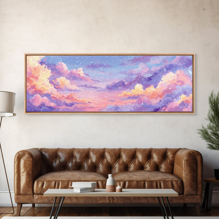 Pastel Starry Cloudscape Sunset Wall Art, Dreamy Sky Canvas Print, Whimsical Nursery Decor, Soft Aesthetic Bedroom Print