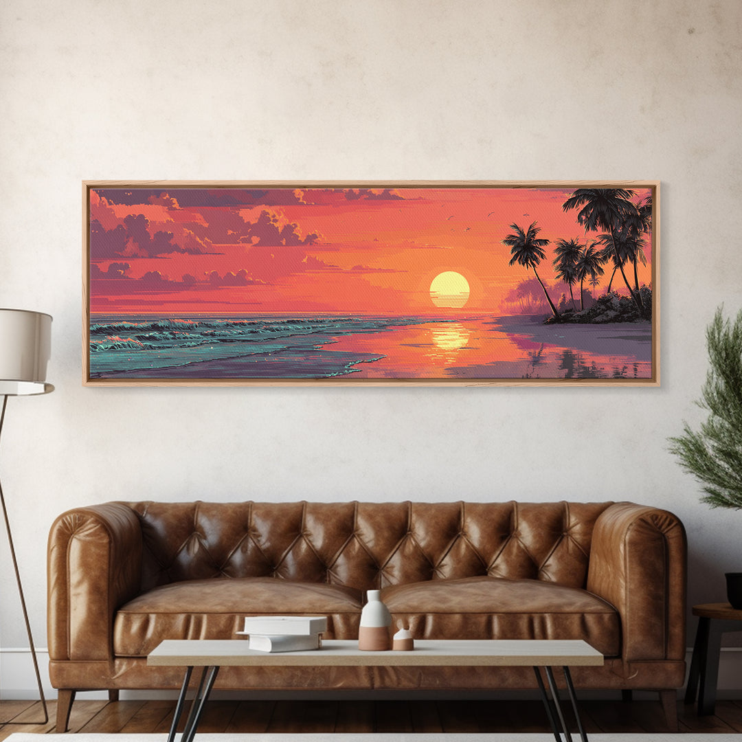 Pink Tropical Beach Sunset With Palm Trees Wall Art, Coastal Canvas Print, Ocean Decor, Summer Beach House Wall Decor, Living Room Art