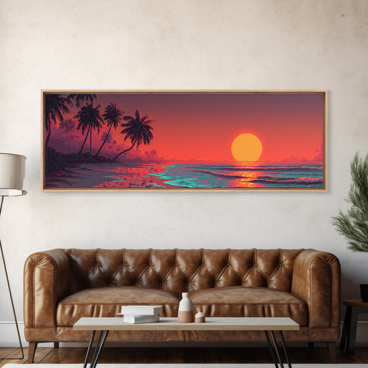 Tropical Palm Beach Sunset Wall Art, Ocean Canvas Print, Coastal Decor, Beach House Decor, Vibrant Living Room Art, Large Horizontal Art