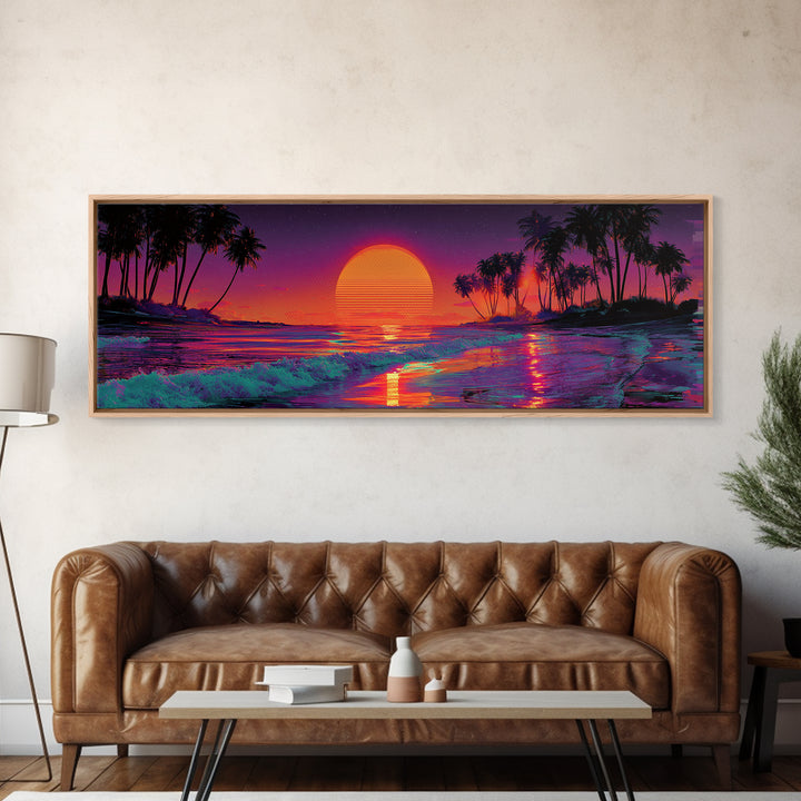 Tropical Sunset Beach With Palms And Waves, Coastal Wall Art, Retro Vaporwave Canvas Print, Beach House Decor, Large Wall Art