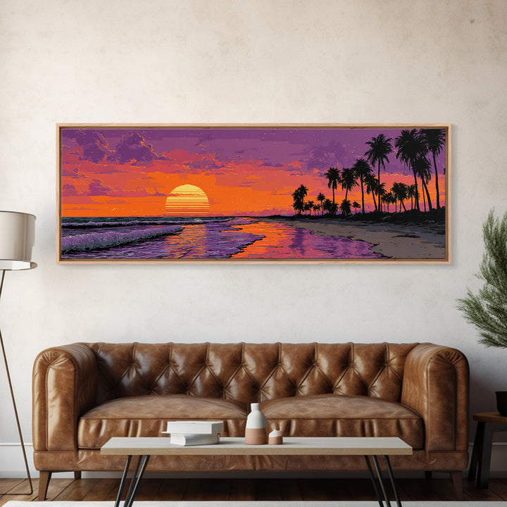 Pixel Tropical Beach Sunset With Palms Wall Art, Retro Coastal Canvas Print, Beach House Decor, Summer Travel Poster Gift