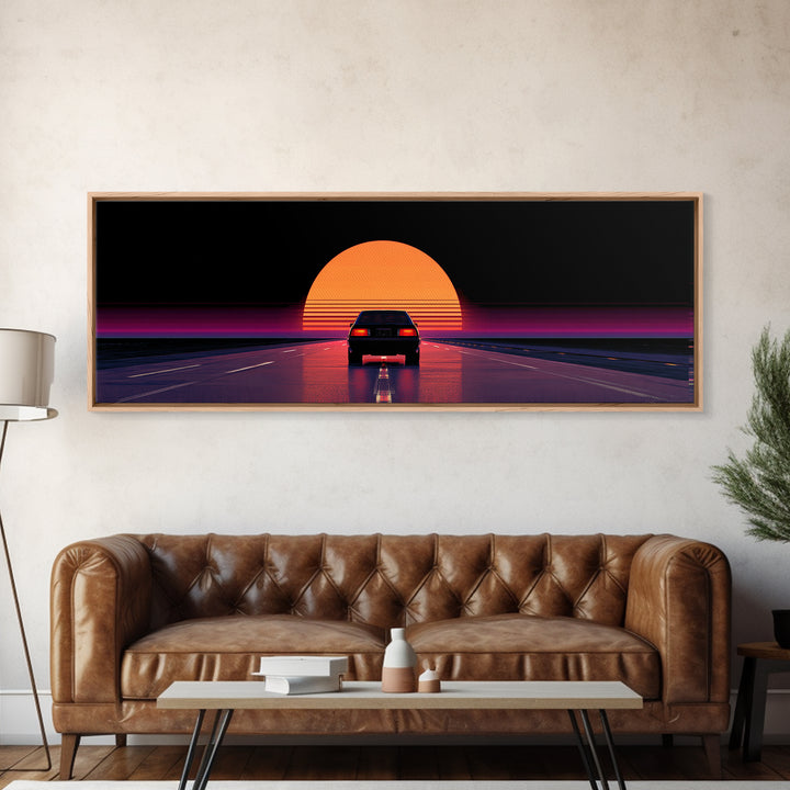 Retro Car Driving Into Striped Sunset, Synthwave Canvas Print, Vaporwave Wall Art, Man Cave Decor, Gift For Him, Retro Poster