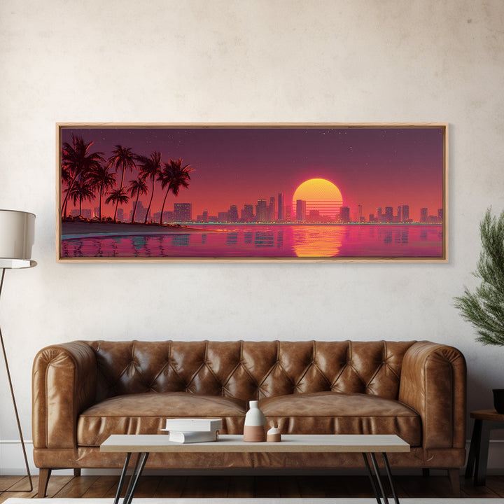 Retro Sunset City Skyline With Palm Trees Canvas Print, Synthwave Wall Art, Coastal Decor, Vaporwave Living Room Wall Decor