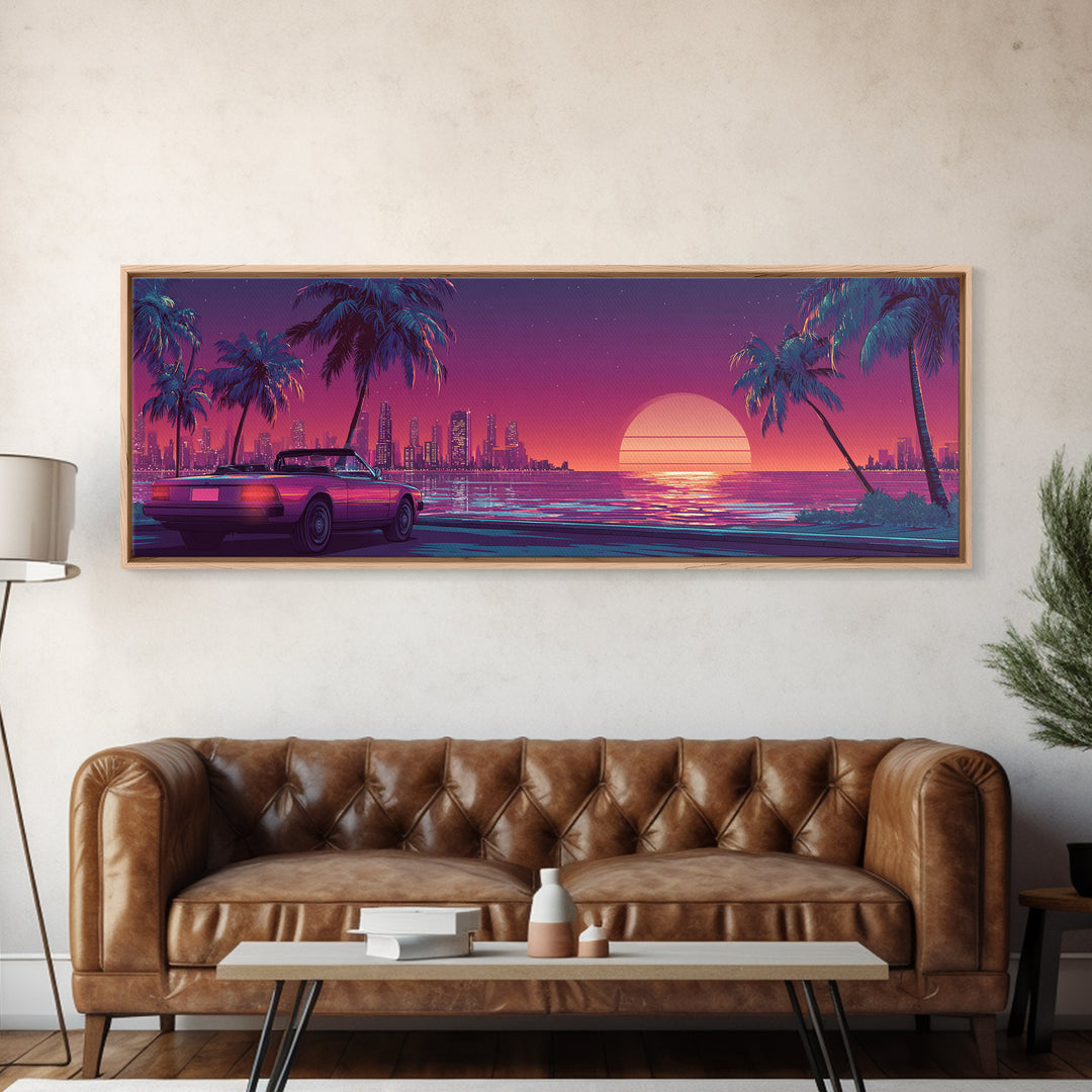 Neon Retro Sports Car On Palm Coast Canvas Print, Vaporwave City Wall Art, Synthwave Decor, Gift For Him, Man Cave Decor