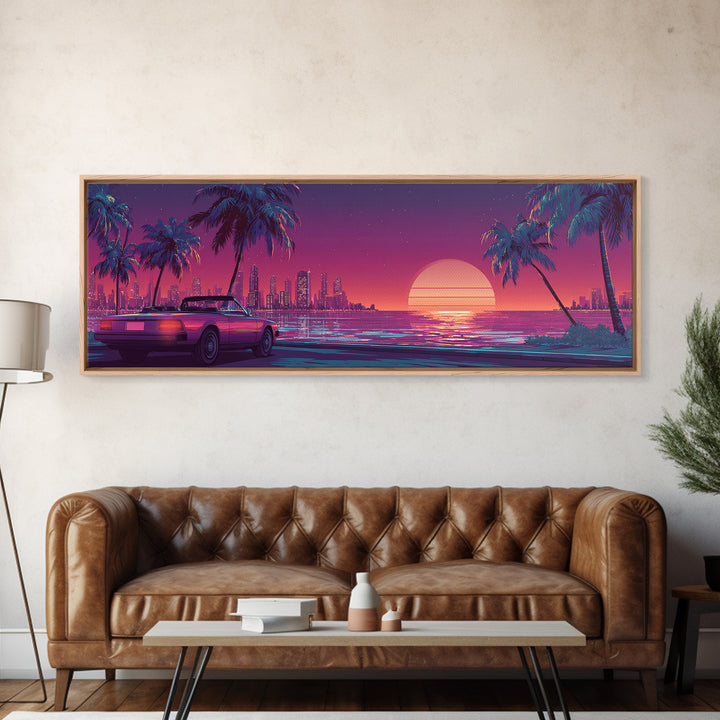 Neon Retro Sports Car On Palm Coast Canvas Print, Vaporwave City Wall Art, Synthwave Decor, Gift For Him, Man Cave Decor