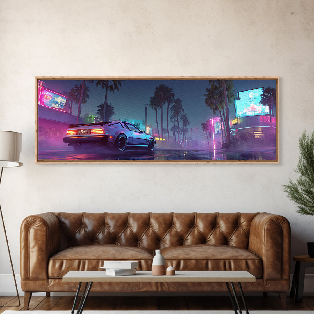 Neon Cyberpunk Sports Car Canvas Print, Futuristic Neon City Wall Art, Synthwave Gaming Room Decor, Vaporwave Gift For Him
