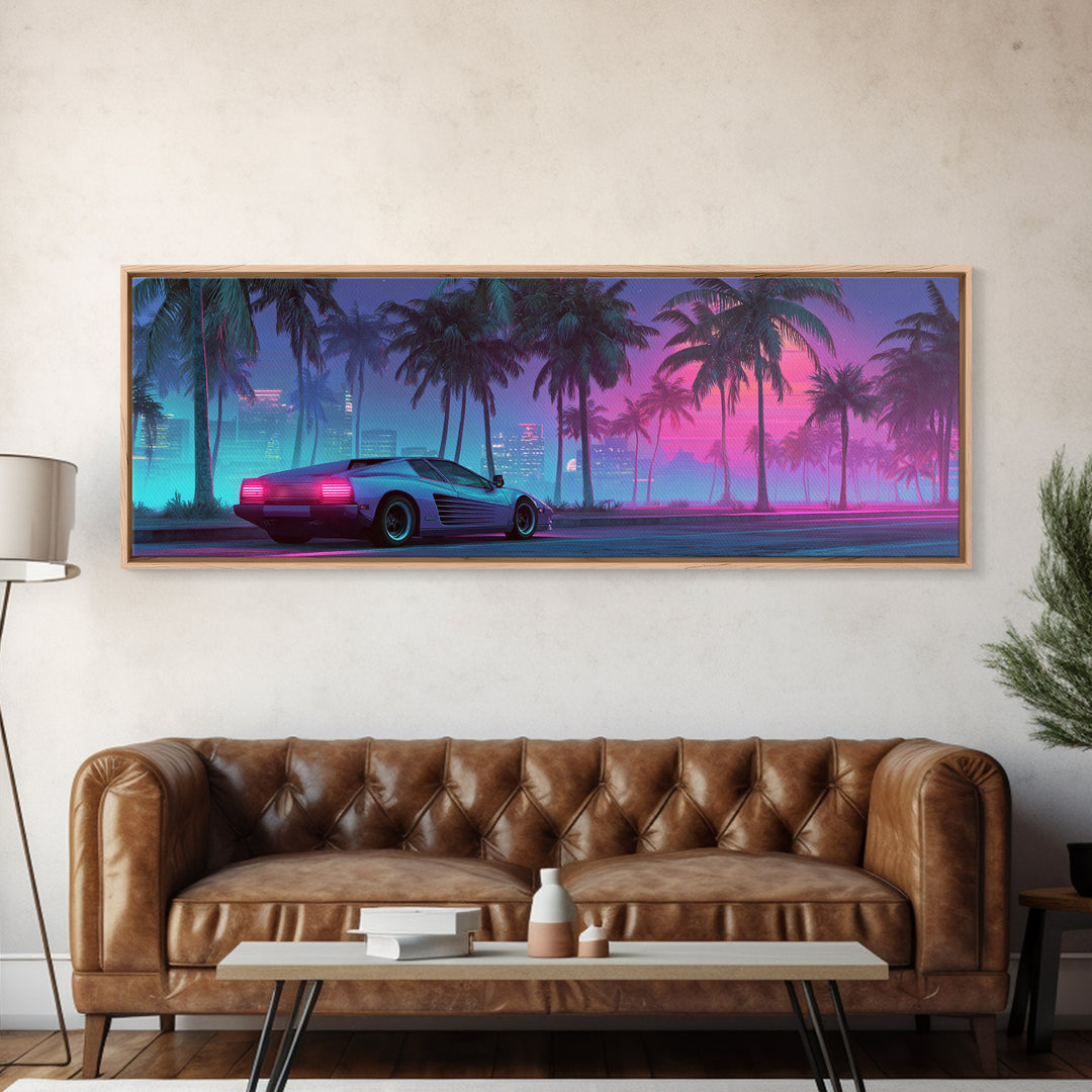 Neon Sports Car Under Palm Trees Wall Art, Cyberpunk Cityscape Canvas, Retro Futurism Decor, Gaming Room Wall Decor, Home Decor