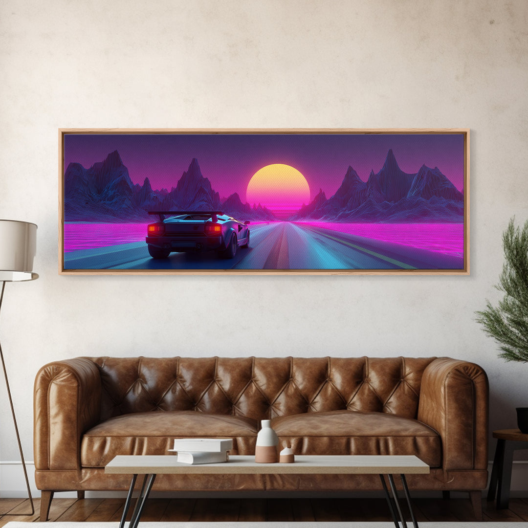 Neon Sports Car On Synthwave Highway Canvas Print, Retro Futuristic Wall Art, Cyberpunk Decor, Vaporwave Gaming Room Art