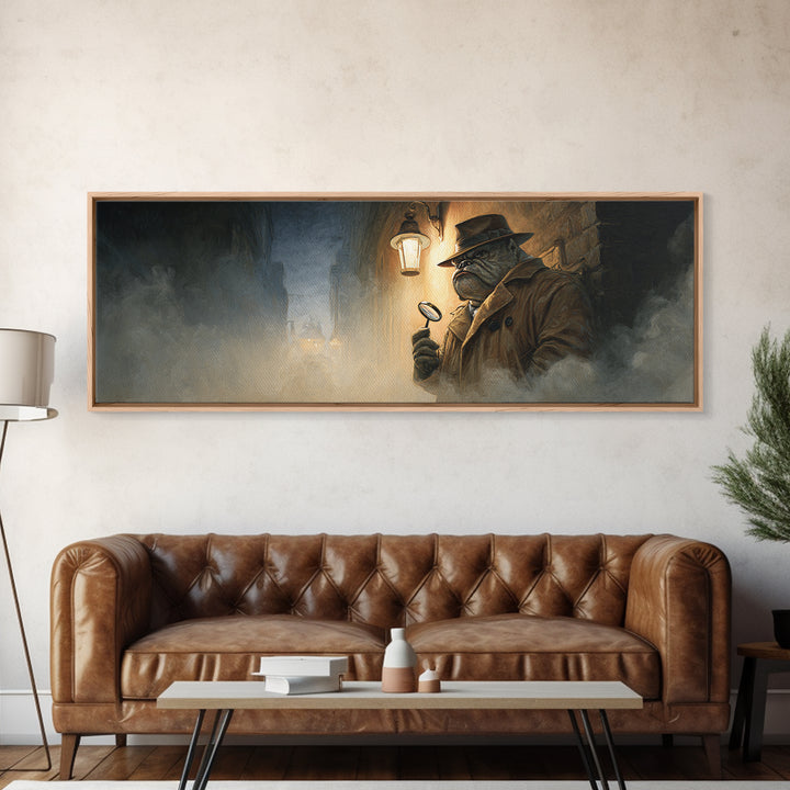 Noir Frog Detective In Foggy Alley Framed Canvas Print, Dark Academia Wall Art, Whimsical Animal Office Decor Gift For Him