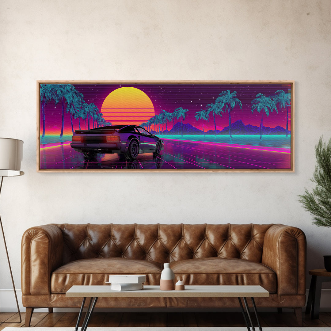 Vaporwave Sports Car Under Neon Palms Canvas Print, Retro Futuristic Wall Art, 80s Synthwave Decor, Gamer Room Poster, Modern Wall Decor