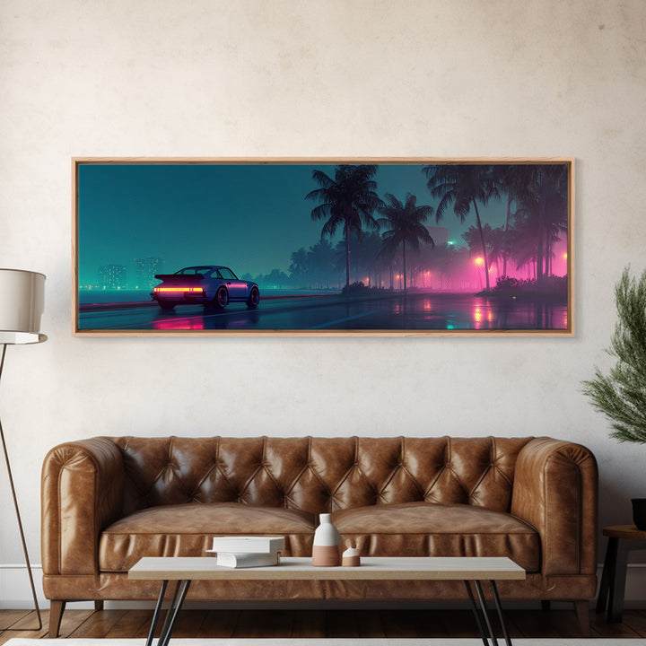 Neon Cyberpunk Sports Car Wall Art, Rainy Palm City Canvas Print, Futuristic Vaporwave Decor, Modern Gaming Room Gift For Him