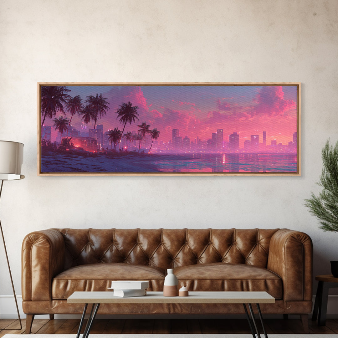 Pink Coastal City Beach Wall Art, Palm Skyline Canvas Print, Tropical Ocean Decor, Miami Style Poster, Modern Living Room Decor