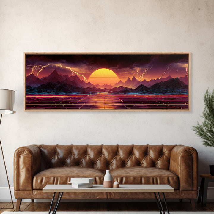 Neon Storm Mountains With Grid Sunset Wall Art, Retro Futuristic Canvas Print, Lightning Landscape For Gaming Room Decor