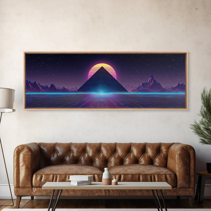 Neon Synthwave Pyramid Starfield Canvas Print, Futuristic Wall Art, Cyberpunk Decor, Retro Sci Fi Poster, Gaming Room Art