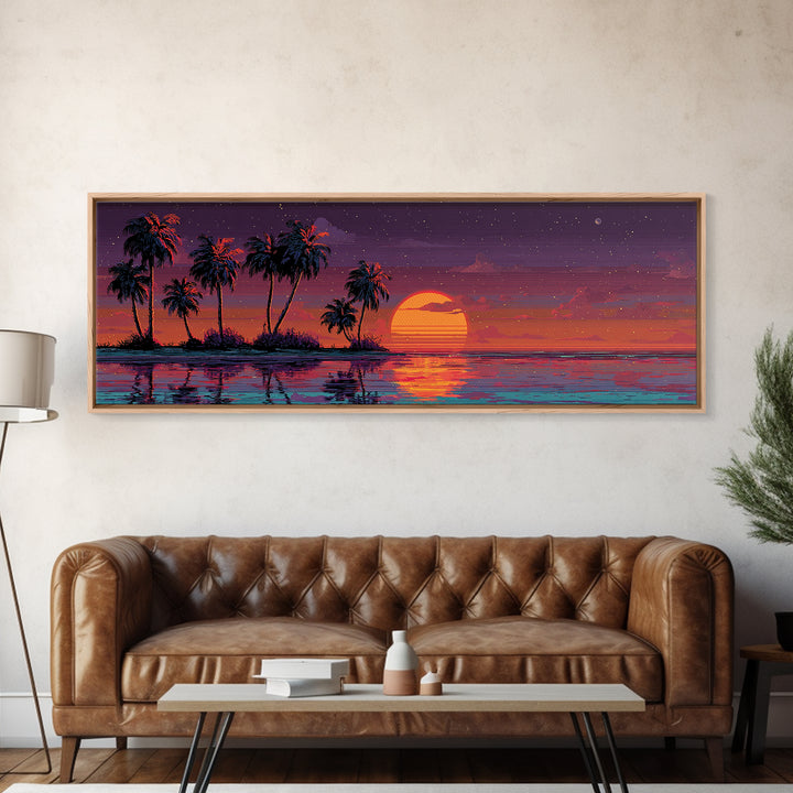 Pixel Tropical Island Wall Art, Sunset Palm Trees Over Ocean, Vibrant Retro Coastal Decor, Beach House Panoramic Canvas Print
