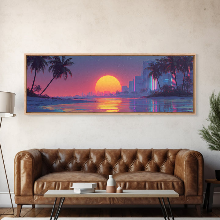 Retro Tropical Sunset Beach Wall Art, Neon Coastal Cityscape Canvas Print, Palm Tree Decor, Vaporwave Modern Bedroom Poster