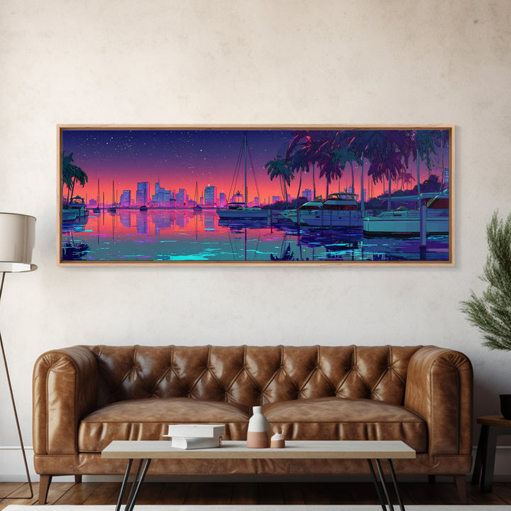 Neon Marina Skyline With Palm Trees Framed Canvas Print, Coastal City Wall Art, Miami Beach House Decor, Tropical Travel Poster