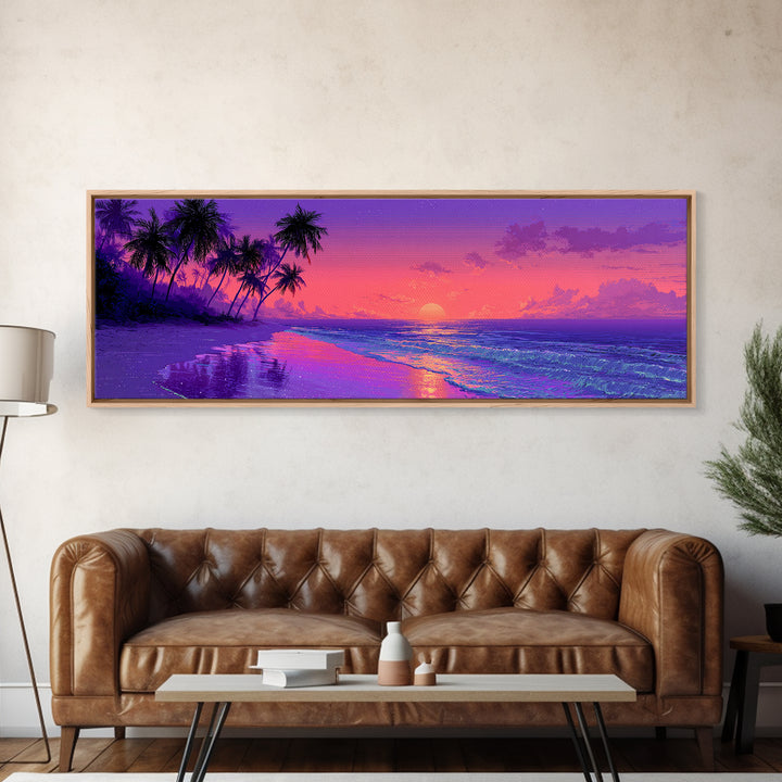 Purple Tropical Beach Sunset Canvas Print, Coastal Wall Art, Palm Tree Ocean Decor, Beach House Decor, Summer Bedroom Art