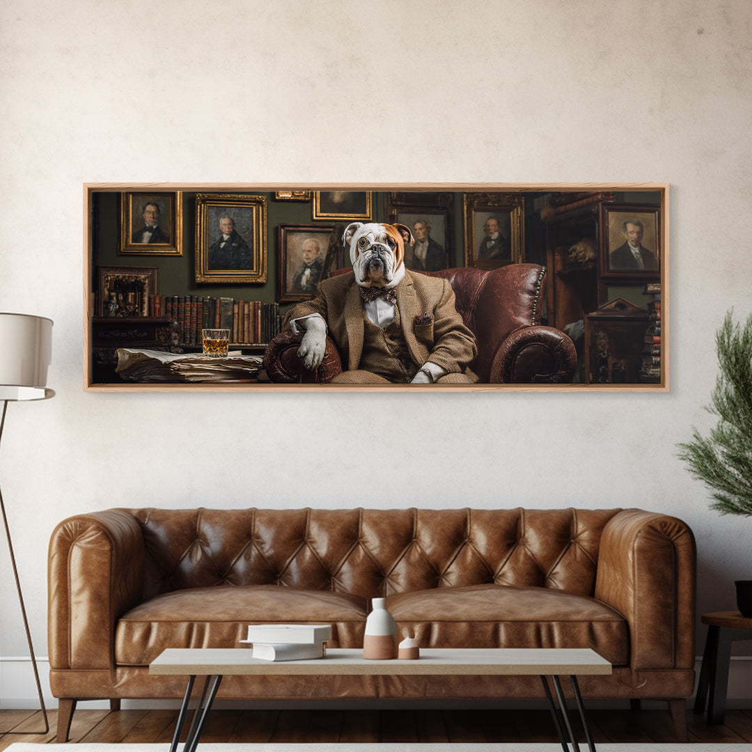 Aristocratic Bulldog In Library Chair Wall Art, Funny Animal Portrait Canvas Print, Dark Academia Office Decor Gift For Him