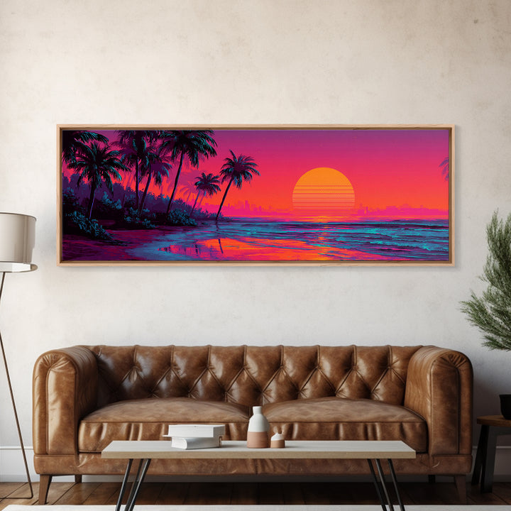 Synthwave Palm Beach Sunset Wall Art, Retro Tropical Ocean Canvas Print, Neon Coastal Decor, Colorful Summer Room Poster