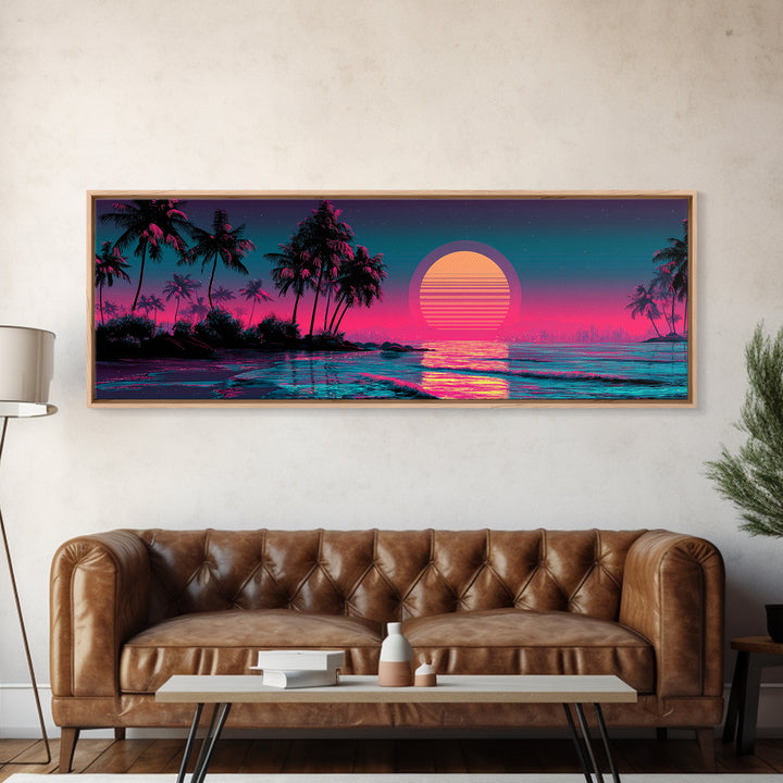Neon Tropical Palm Sunset Canvas Print, Synthwave Beach Wall Art, Vaporwave Poster, Coastal Decor, Pink Blue Room Decor, Trendy Wall Decor