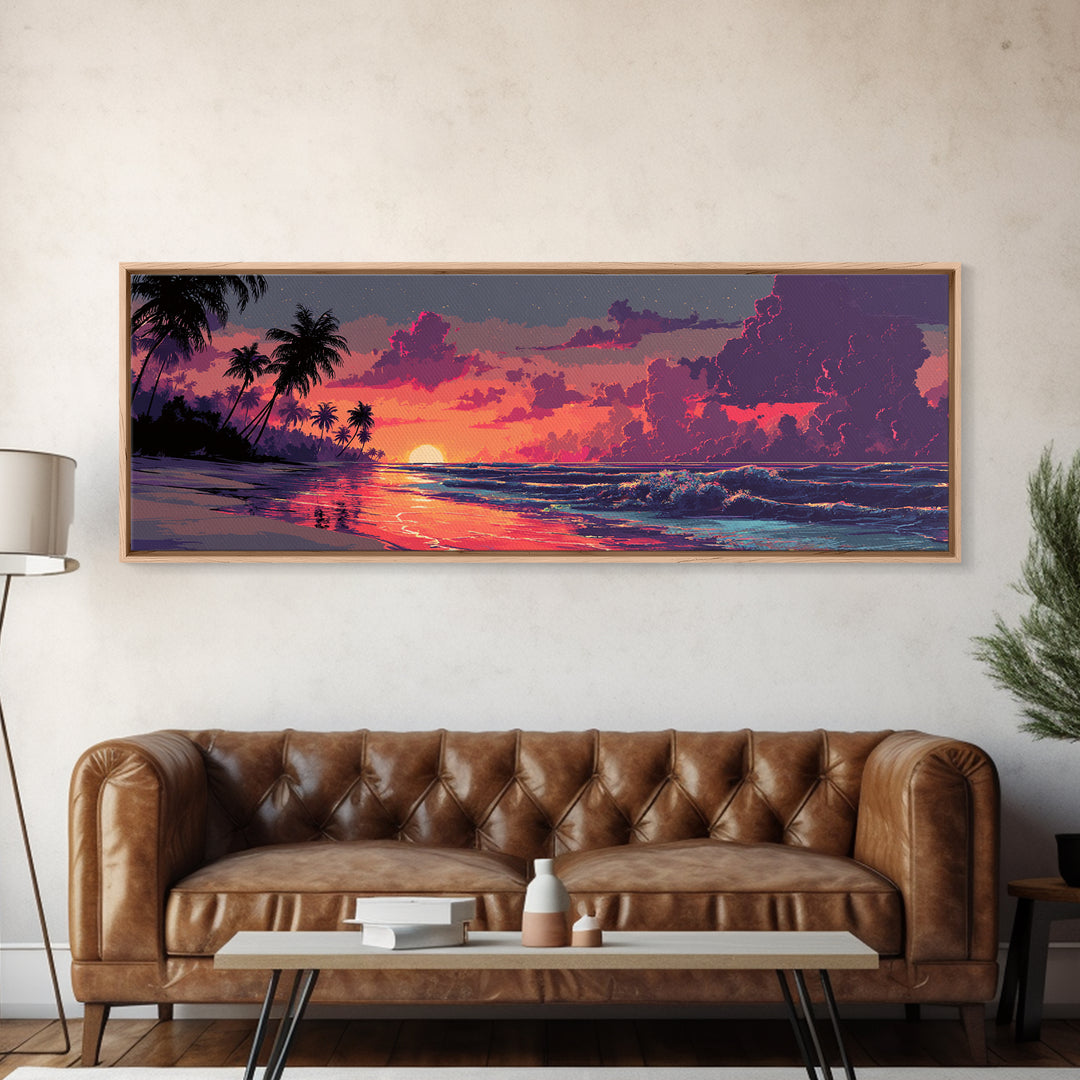 Tropical Palm Beach Sunset Wall Art, Coastal Home Decor, Ocean Wave Print, Beach House Canvas, Summer Living Room Decor Gift