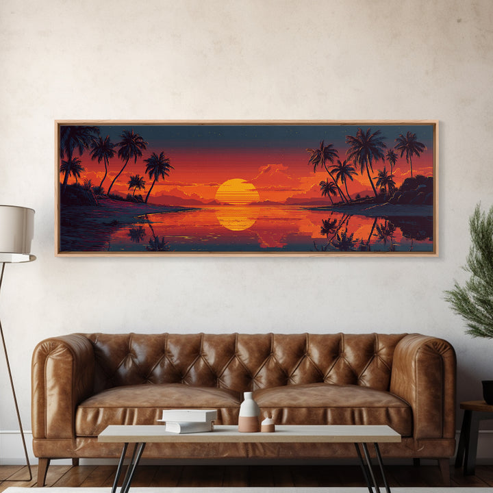 Retro Tropical Sunset Lagoon Wall Art, Pixel Beach Canvas Print, Palm Tree Decor, Coastal Wall Art, Vibrant Wall Decor, Home Decor
