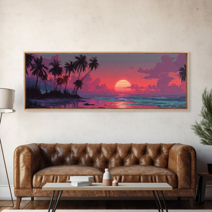 Tropical Island Sunset Canvas Print, Retro Beach Wall Art, Palm Tree Ocean Decor, Modern Coastal Bedroom Poster, Summer Vibes