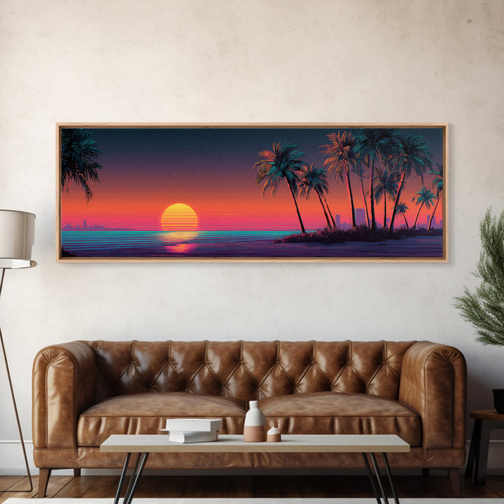 Retro Neon Beach Sunset With Palm Trees Wall Art, Synthwave Coastal Canvas Print, Tropical Ocean Decor, Large Panoramic Living Room Art