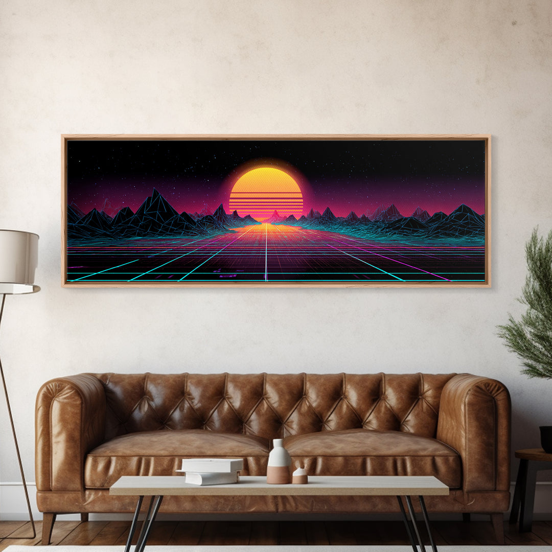 Retro Synthwave Sunset Mountain Wall Art, Vaporwave Canvas Print For Gaming Room Decor, Neon 80s Poster And Dorm Decor Gift