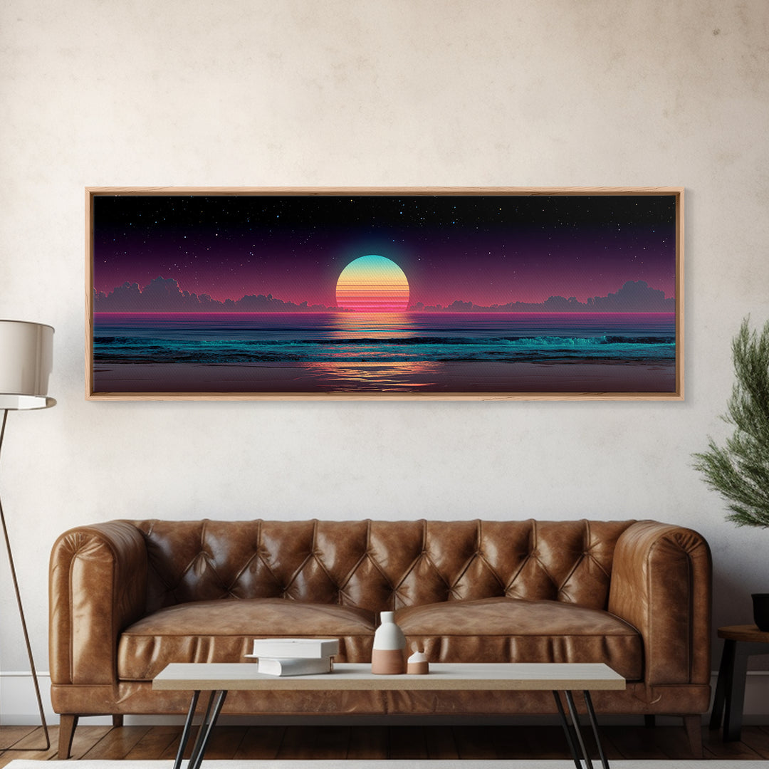 Retro Cosmic Ocean Sunset Canvas Print, Neon Beach Wall Art, Synthwave Seascape, Coastal Decor, Bedroom Poster, Home Decor