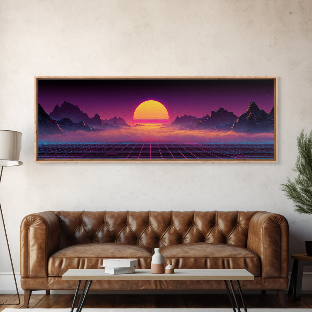 Neon Retro Futuristic Sunset Wall Art, Synthwave Mountain Grid Canvas, Vaporwave Decor, Gaming Room Poster, 80s Art, Cyberpunk Gift