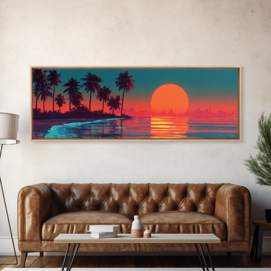 Retro Tropical Sunset Canvas Print, Palm Tree Beach Wall Art, Coastal Decor, Ocean Landscape, Summer Vibes, Large Wall Decor