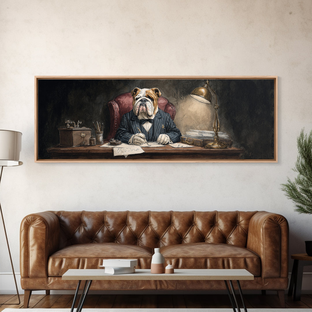 Bulldog Lawyer At Desk Framed Canvas Print, Moody Office Wall Art, Funny Animal Portrait For Law Office Decor Housewarming Gift