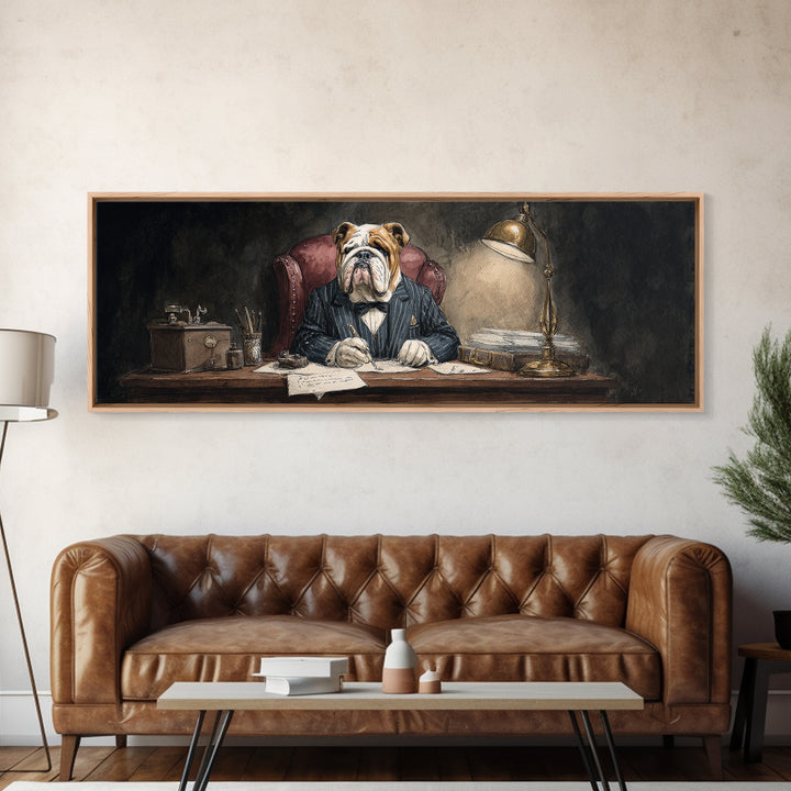 Bulldog Lawyer At Desk Framed Canvas Print, Moody Office Wall Art, Funny Animal Portrait For Law Office Decor Housewarming Gift