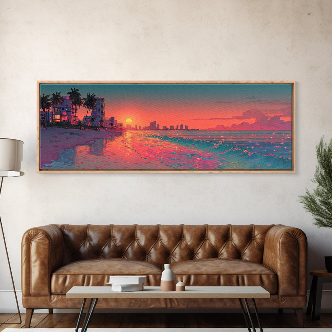 Pixel Art Beach Sunset And Neon Shoreline Wall Art, Miami Coastal Print, Retro Travel Poster, Ocean Decor For Living Room
