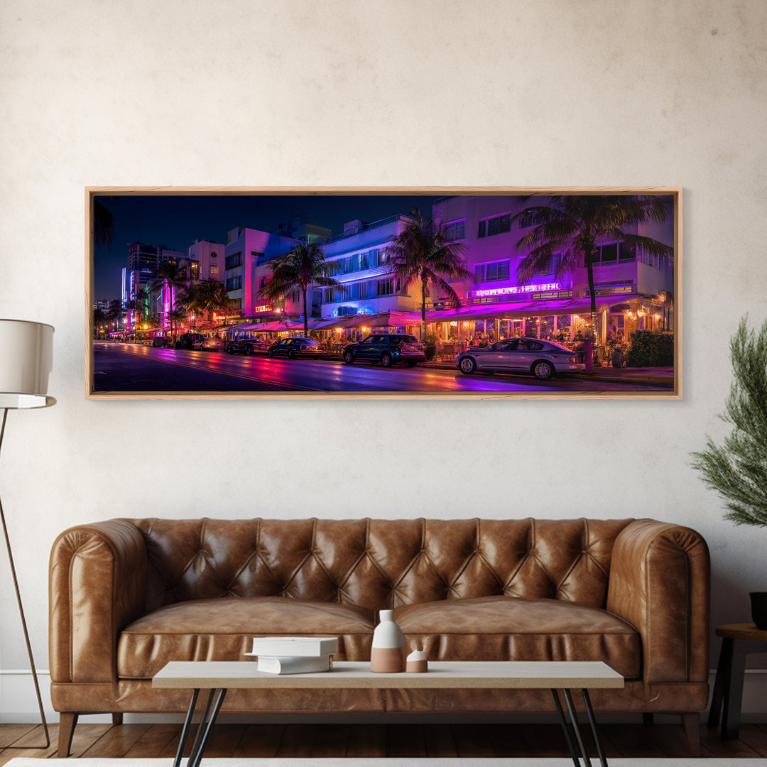 Neon Miami Beach Street Canvas Print, Art Deco Hotel Wall Art, Tropical Nightlife, Travel Poster, Cityscape Home Decor Print