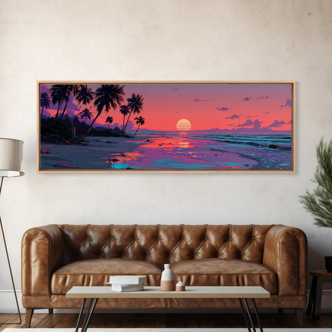 Pink Tropical Island Sunset With Palms Canvas Print, Beach Wall Art, Coastal Home Decor, Ocean Poster, Summer Gift For Her