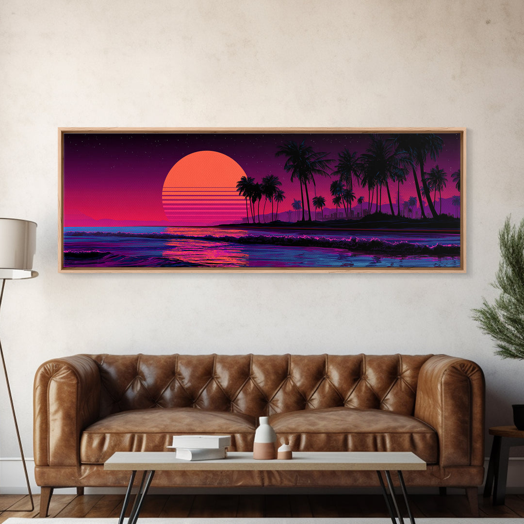 Neon Tropical Palm Sunset Canvas Print, Retro Beach Wall Art, Synthwave Coastal Decor, Vibrant Living Room Poster, Dopamine Decor Gift