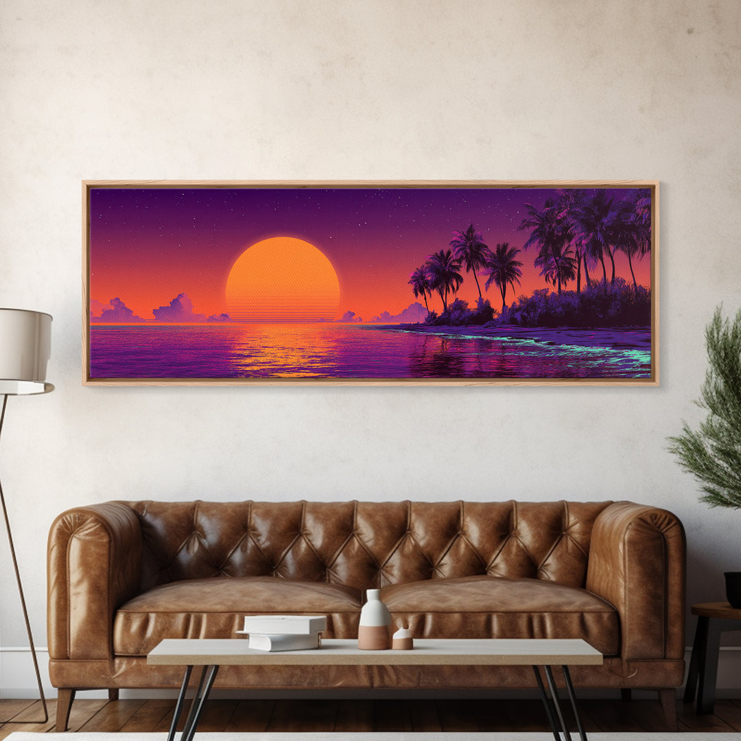 Retro Tropical Sunset Beach Island Wall Art, Purple Ocean Canvas Print, Palm Tree Vaporwave Decor, Coastal Summer Gift For Her