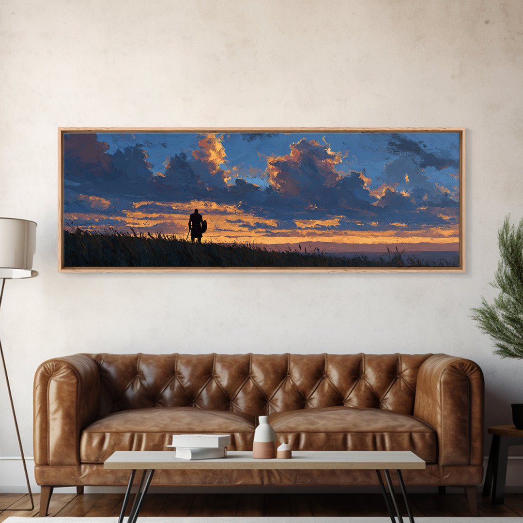 Dramatic Lone Figure Under Fiery Clouds Wall Art, Moody Sunset Landscape Canvas Print, Rustic Nature Decor, Gift For Him Or Her