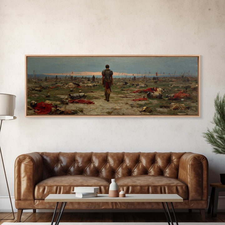 Lone Soldier Crossing Battlefield Wall Art, Panoramic Historical Landscape Canvas Print, Masculine Office Living Room Decor