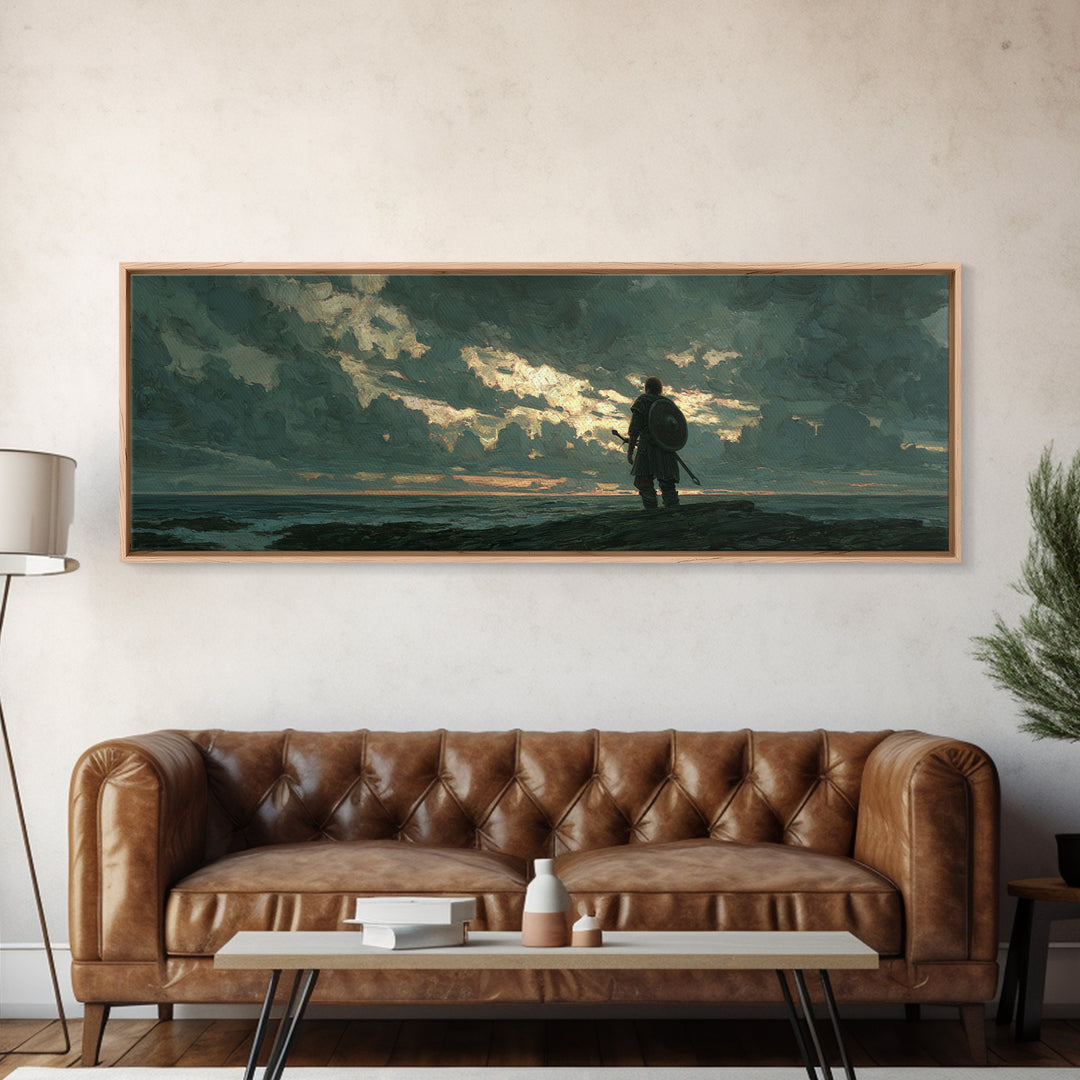 Lone Shield Warrior Under Stormy Coastal Sky Wall Art, Moody Seascape Landscape Print, Masculine Office Decor Gift For Him