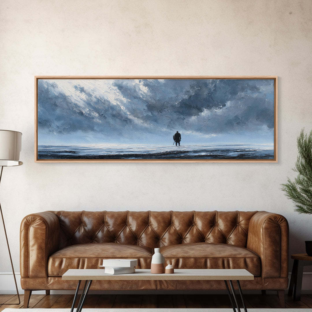 Lone Figure In Icy Storm Canvas Print, Blue Abstract Seascape Wall Art, Moody Ocean Landscape For Modern Living Room Decor