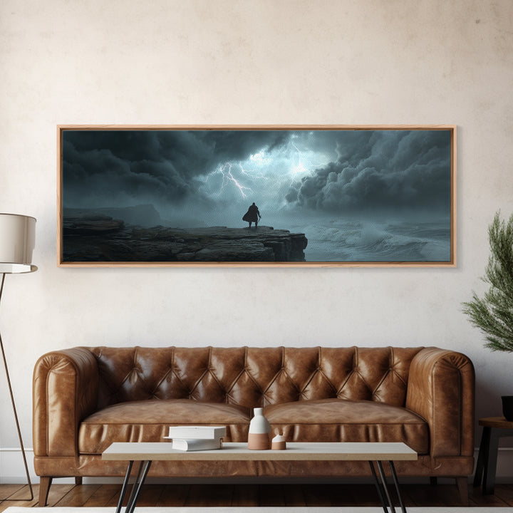 Cloaked Wanderer Under Lightning Canvas Print, Dark Storm Seascape Wall Art, Fantasy Landscape Decor, Moody Office Art Print