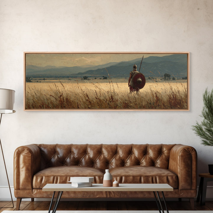 Lone Spearman In Golden Field Canvas Print, Ancient Warrior Landscape, Rustic Wall Art, Historical Decor, Long Horizontal Art