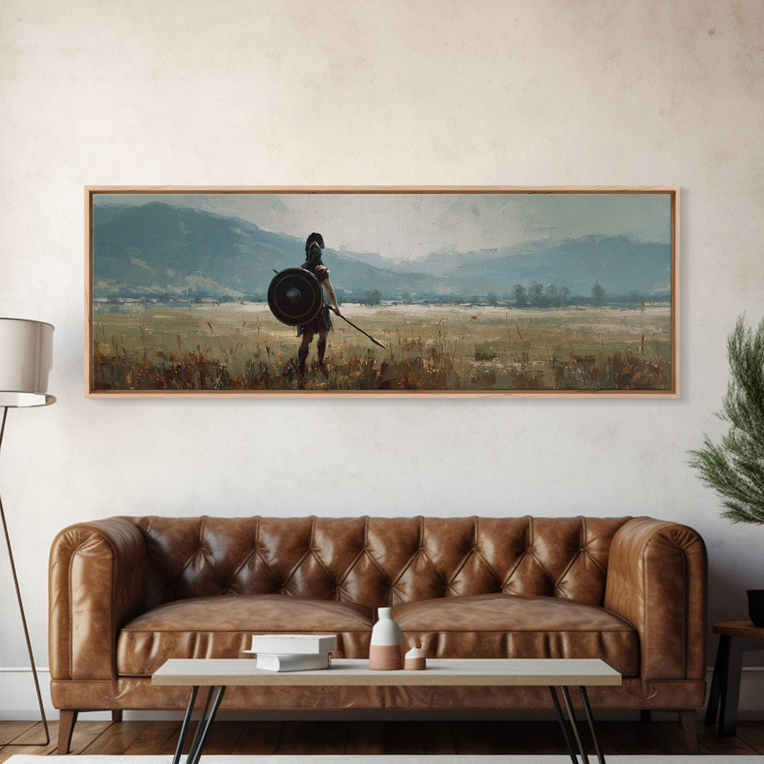 Lone Shield Warrior Landscape Wall Art, Viking Fantasy Canvas, Mountain Battlefield Print, Rustic Medieval Home Decor Gift