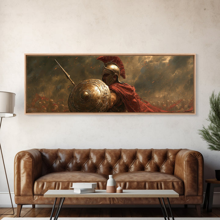 Golden Spartan Warrior With Shield Framed Canvas Print, Greek Mythology Wall Art, Ancient Battle Decor, Gift For Him, Masculine Office Decor