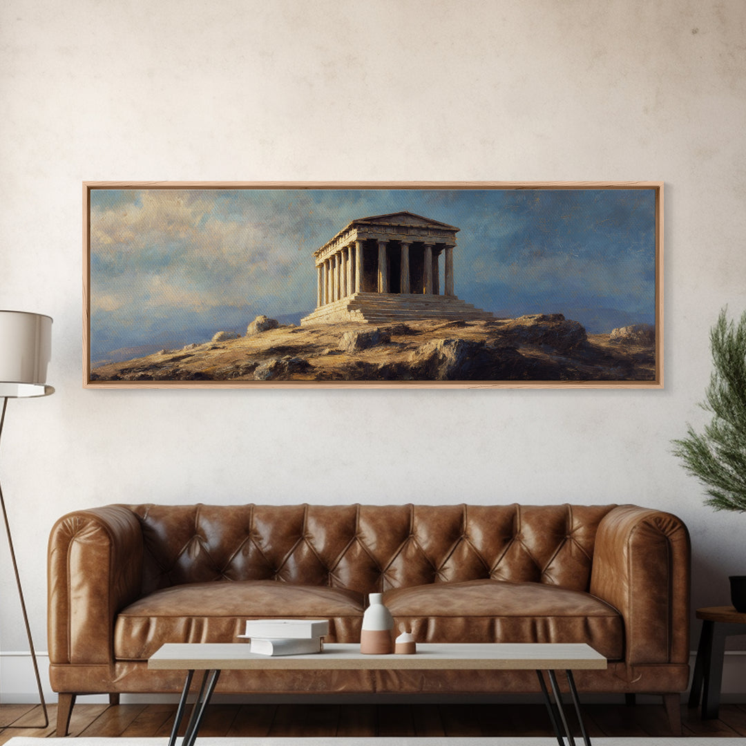 Ancient Greek Temple On Rocky Hill Wall Art, Classical Landscape Painting, European Decor, Large Framed Canvas Print For Home